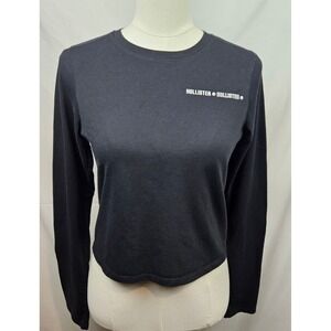 Hollister‎ Black Slim Tee Long Sleeve Cropped Spellout Logo Womens M Athleisure